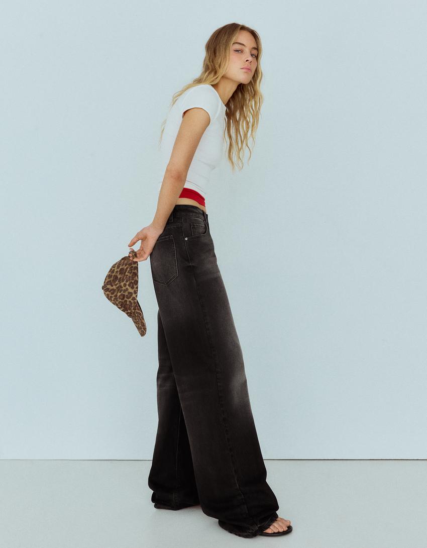 Vintage yıkamalı yüksek bel wide leg jean-Siyah