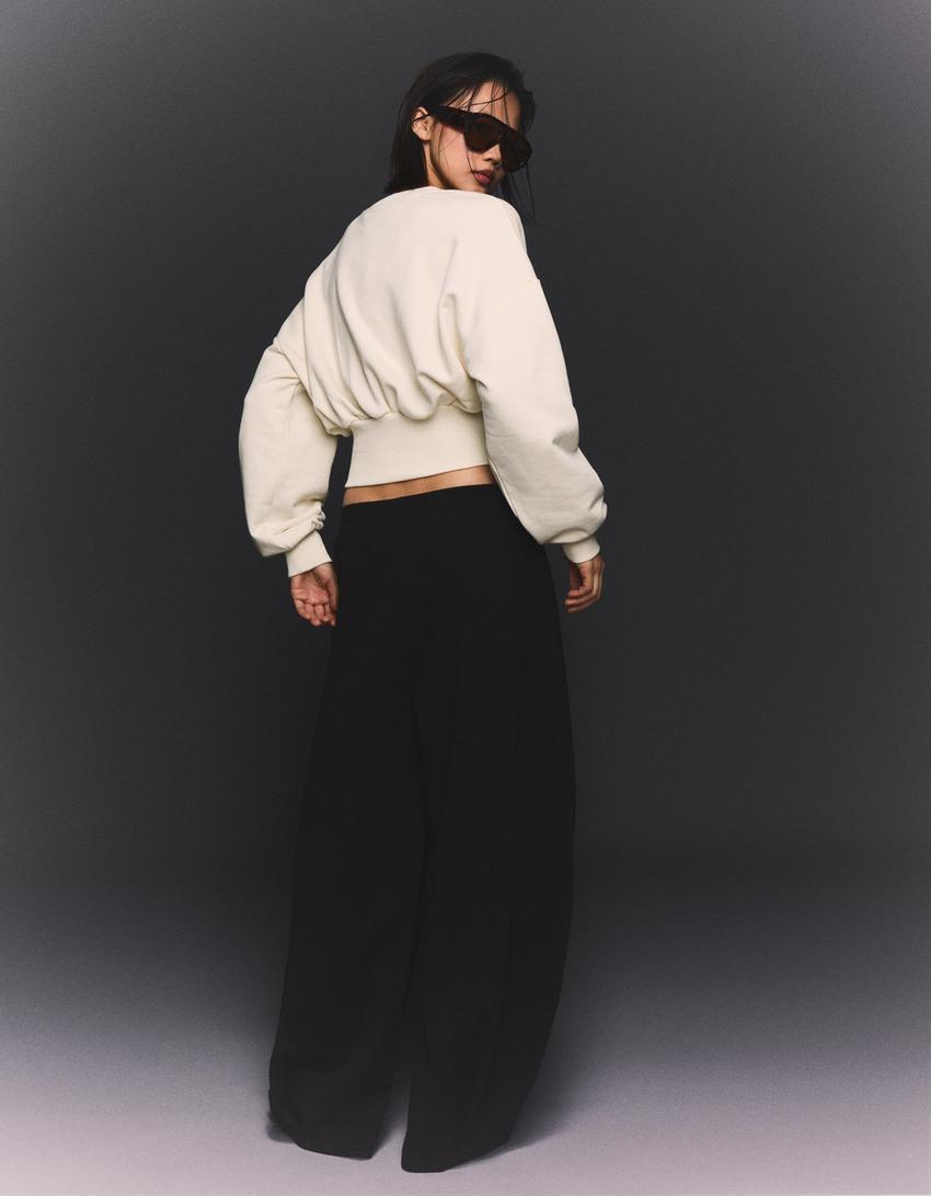 Kemerli bel sweatshirt-Krem