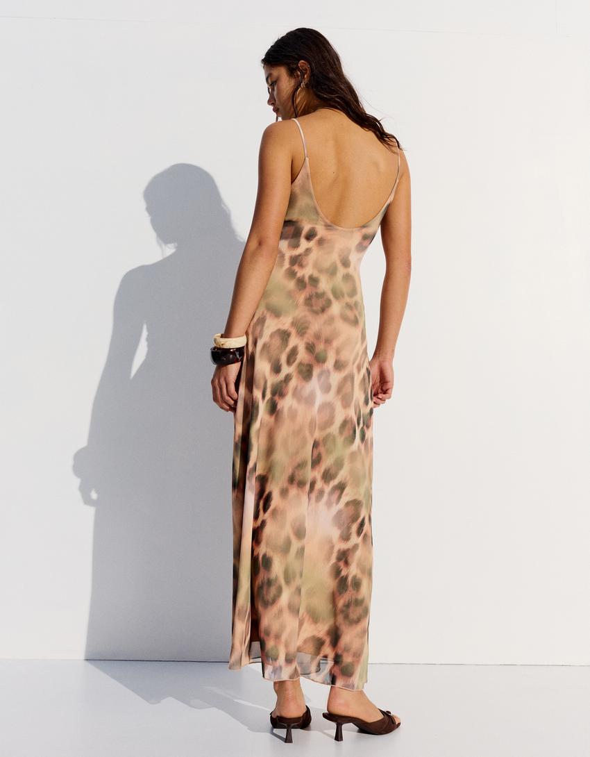 Robe midi en tulle imprimé animal-Sable