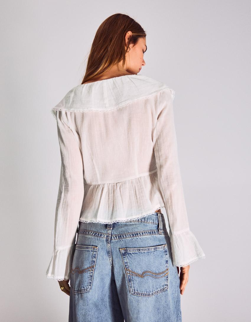 Blusa manga larga rústica volantes-Blanco