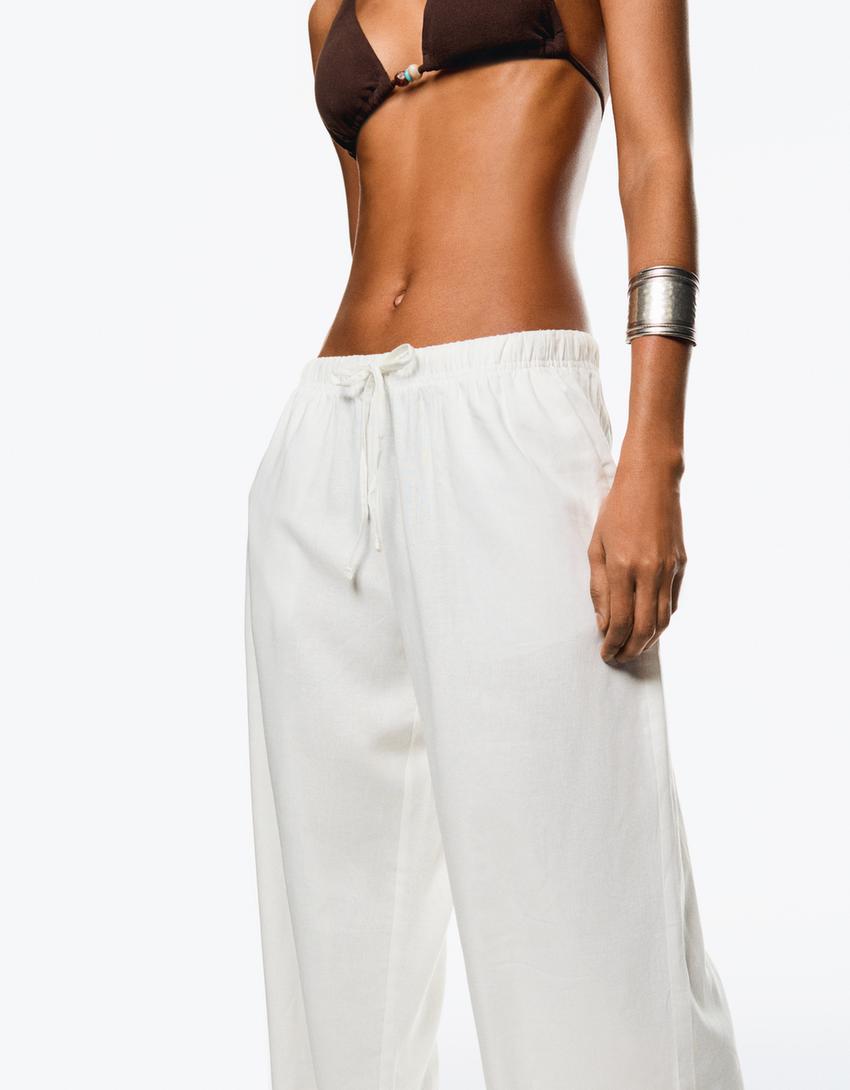 Linen blend trousers with an elasticated waistband-Off white