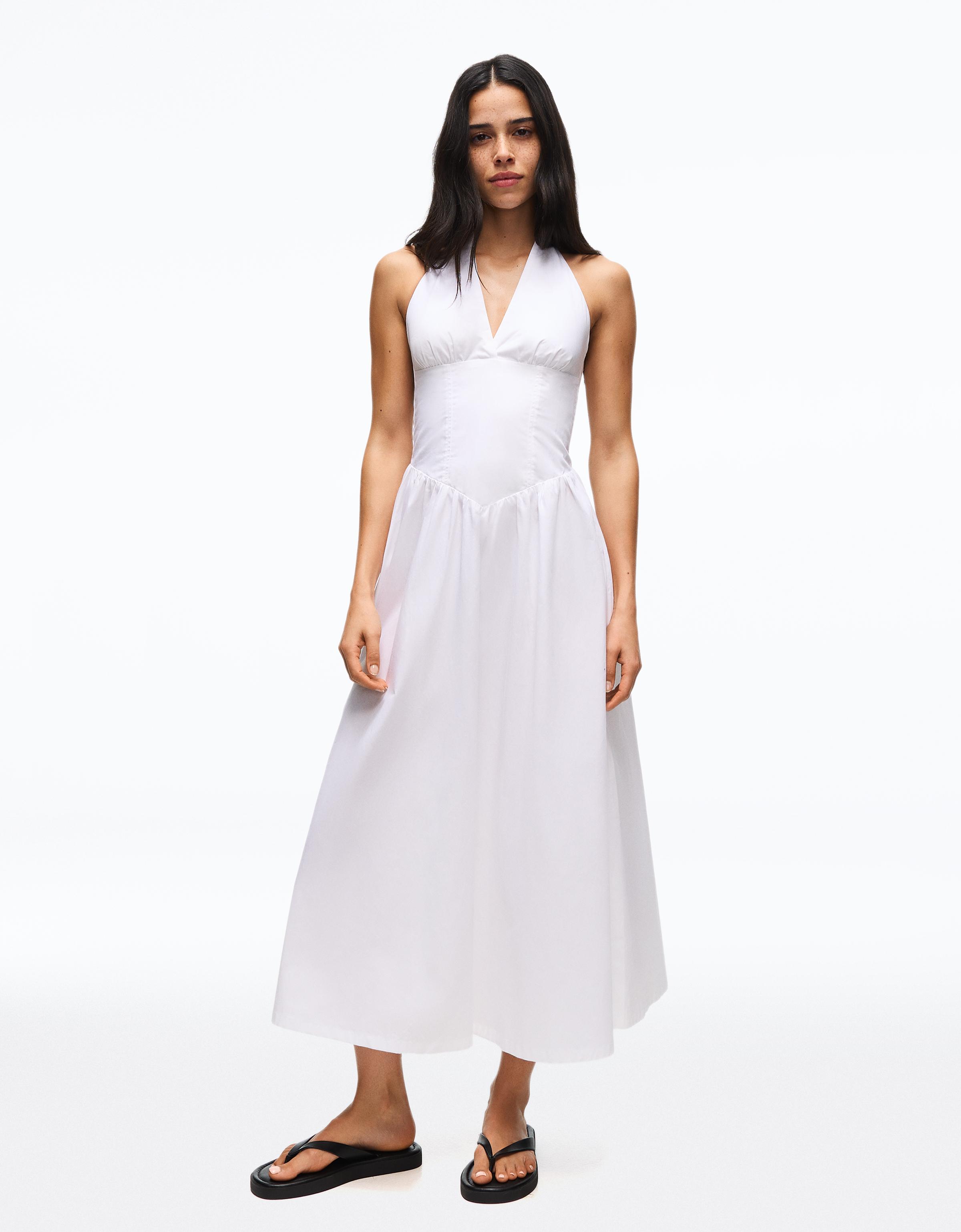 Long halter poplin dress — White