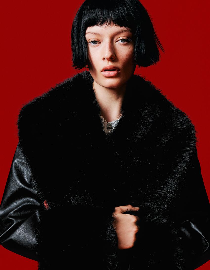 Manteau en similicuir et fausse fourrure-Noir