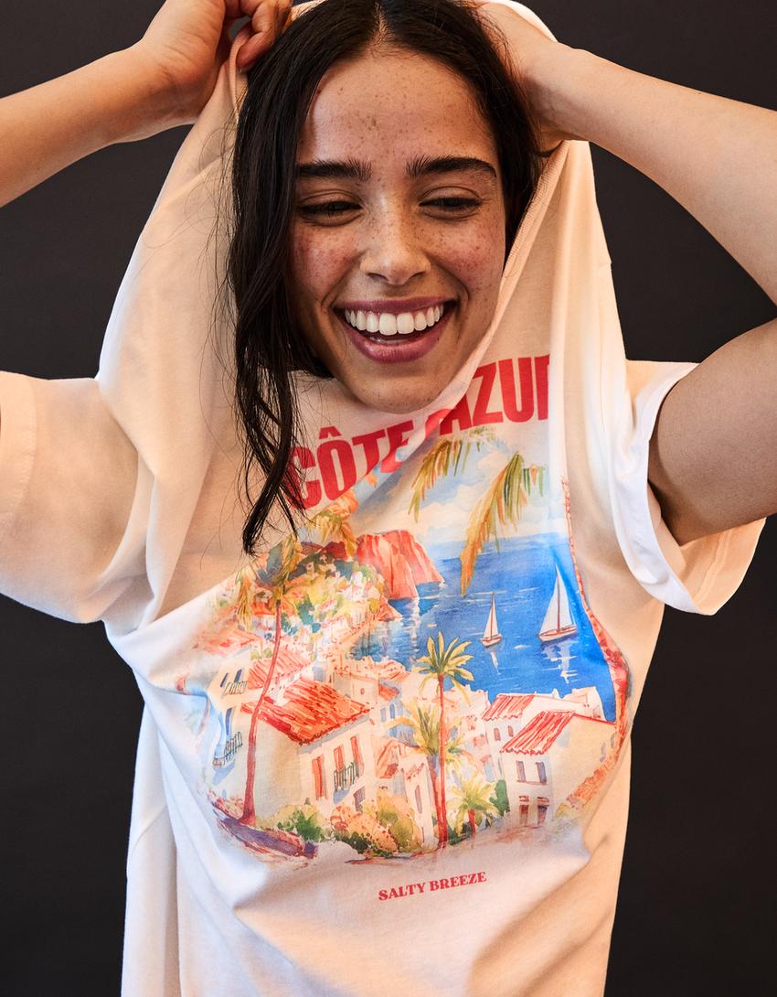 T-shirt manches courtes oversize imprimé-Écru-2