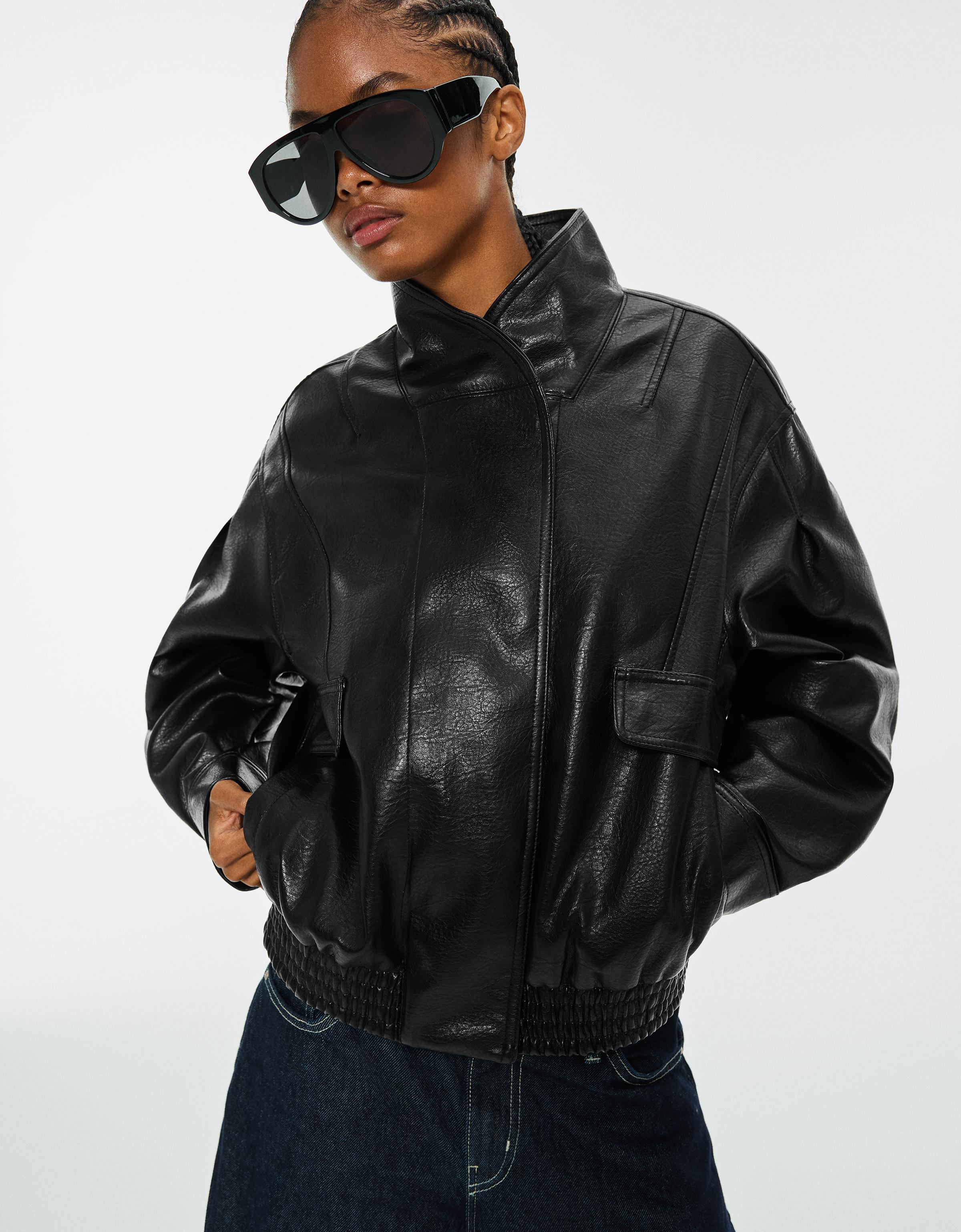 Oversize leather effect crossover collar jacket