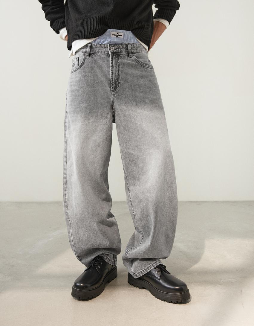 Jeans super baggy bordado-Gris