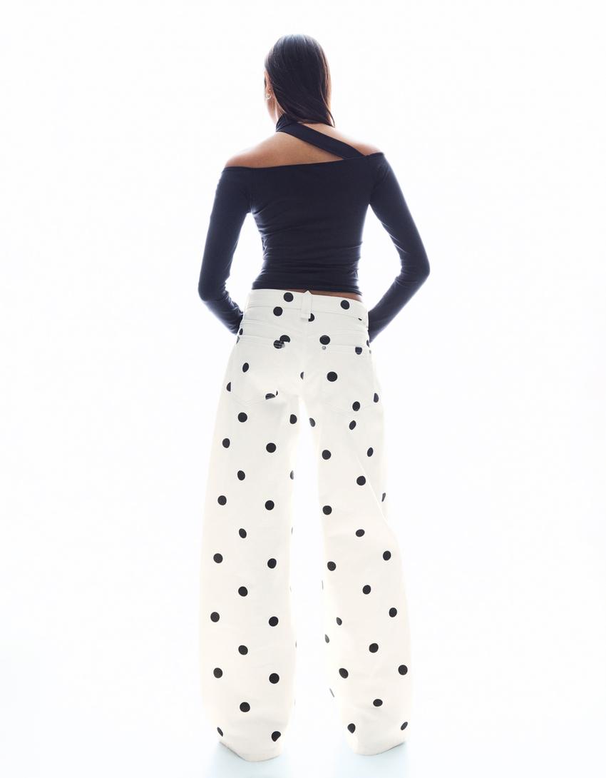 Baggy fit puantiye pantolon-Beyaz