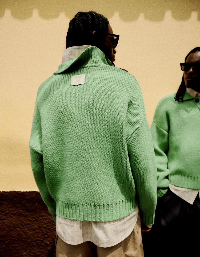 Boxy polo collar sweater-Green