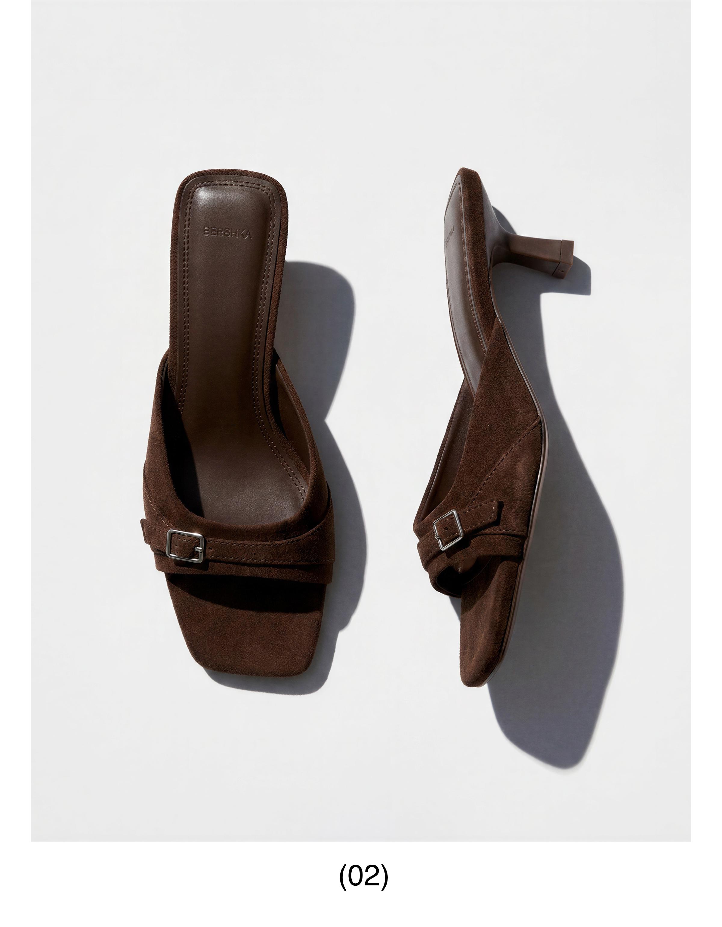 BUCKLED MULE SANDALS — Brown
