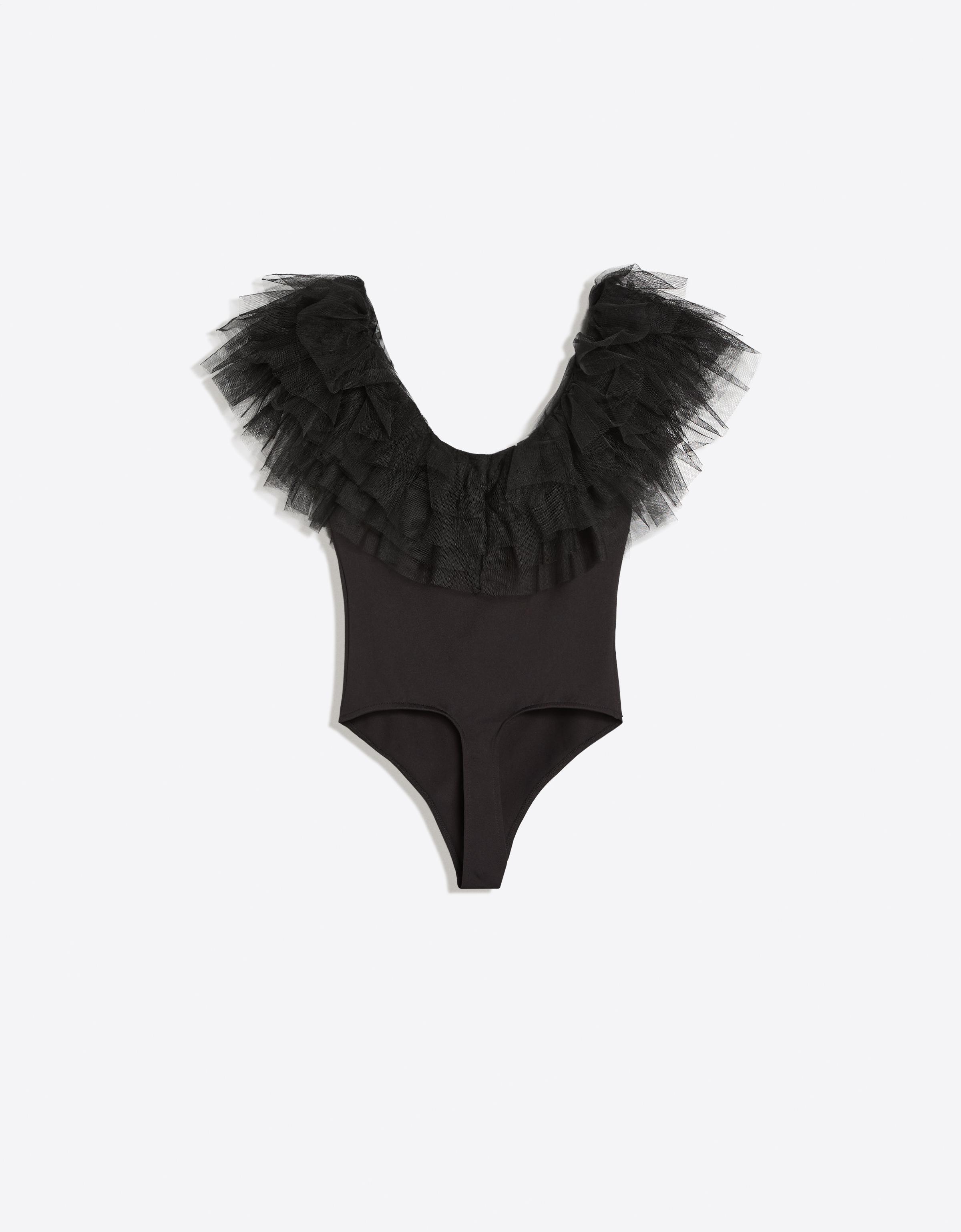Tulle bodysuit with ruffles — Black