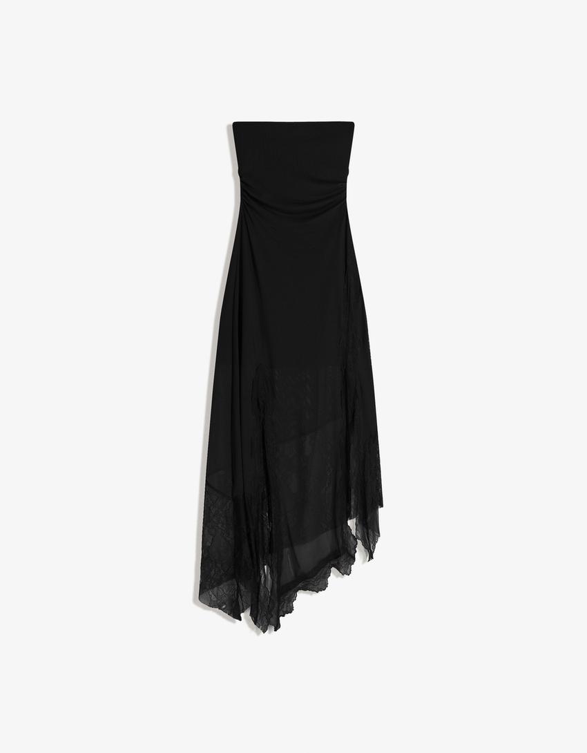 Vestit midi tul bandó asimètric lace-Negre