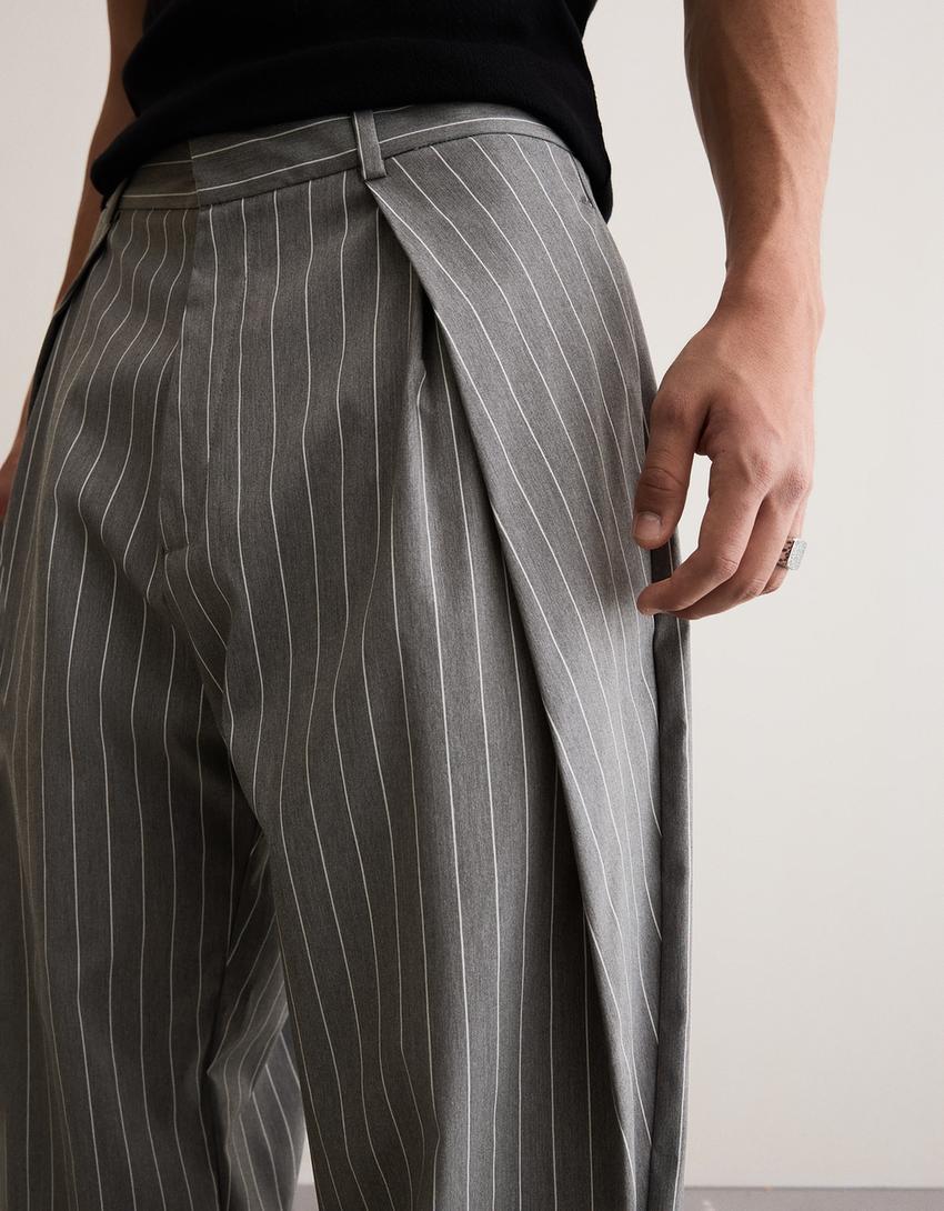Çift pensli super baggy fit pantolon-Gri