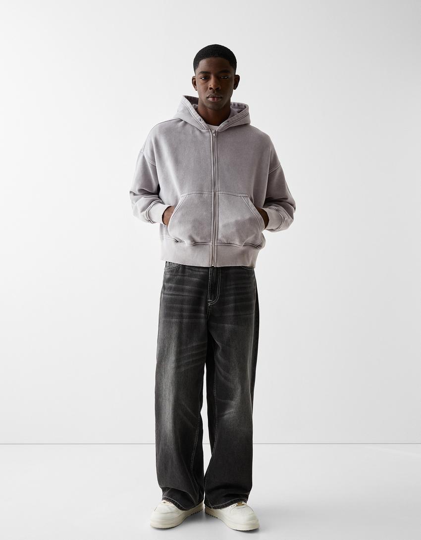 Sudadera cremallera capucha cropped efecto lavado-Gris-3