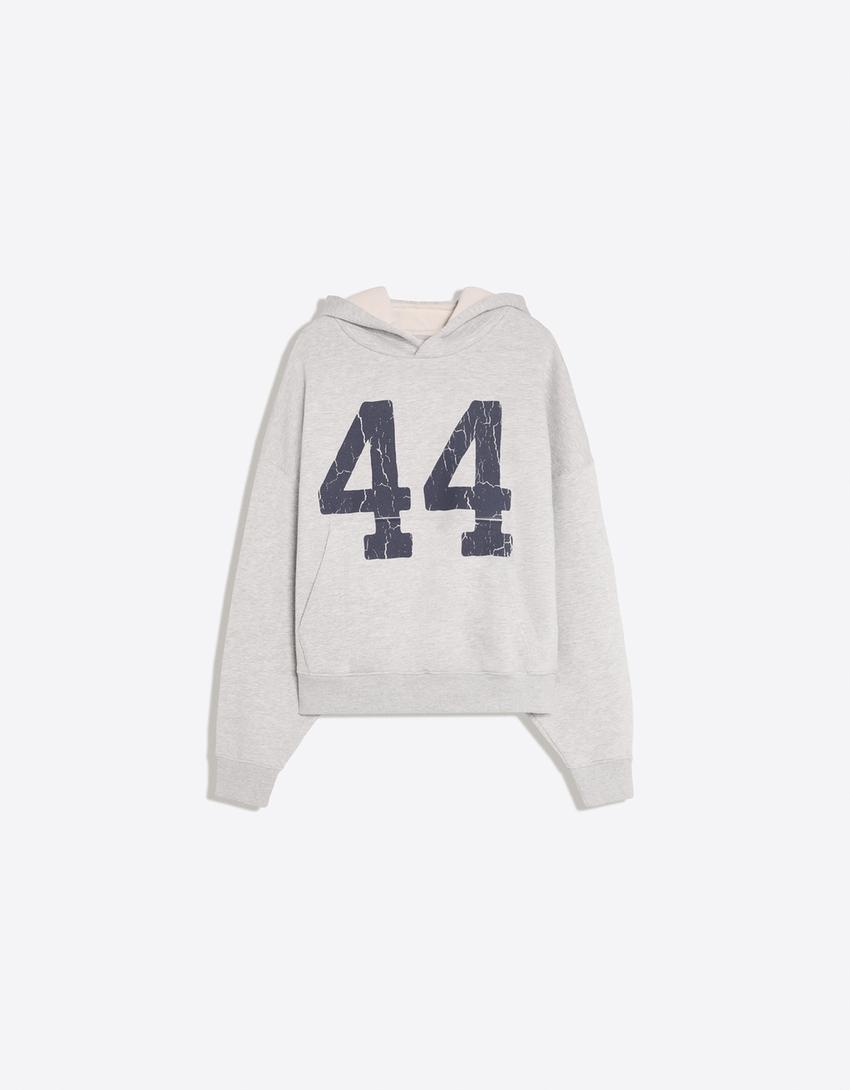 Yıkama efektli baskılı kapüşonlu sweatshirt-Gri