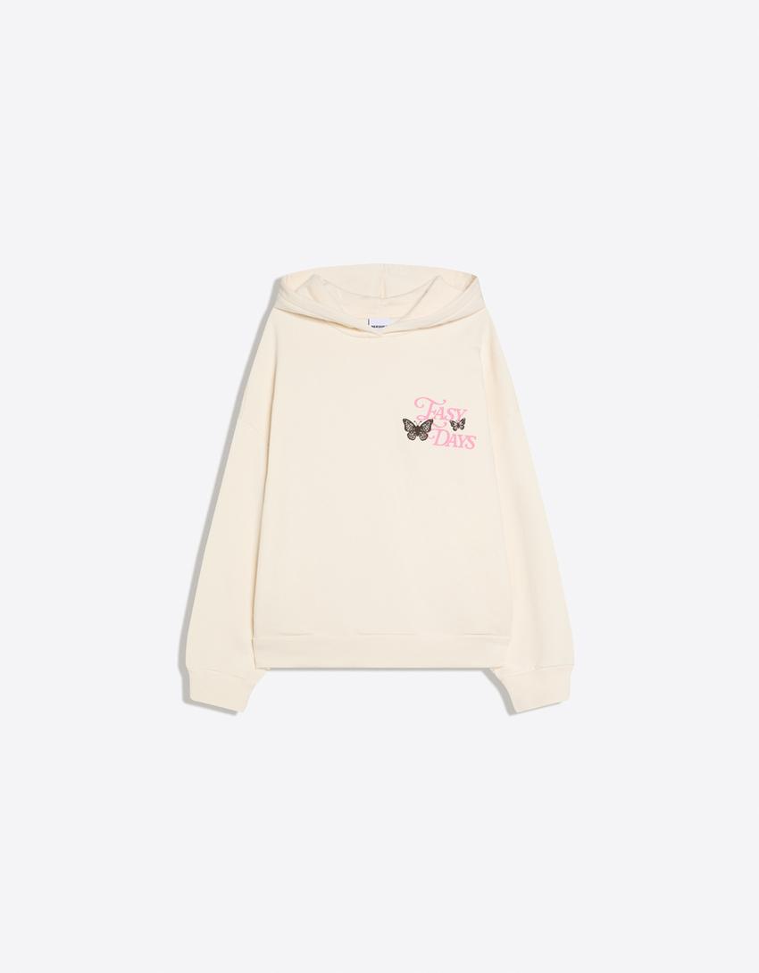 Baskılı kapüşonlu sweatshirt-Krem
