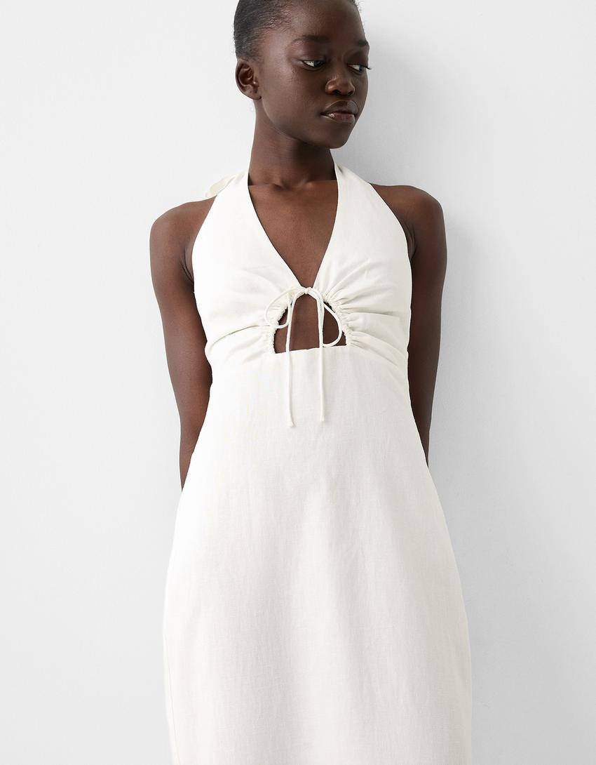 Изрязана дълга рокля с примес на лен-Мръснобяло-3