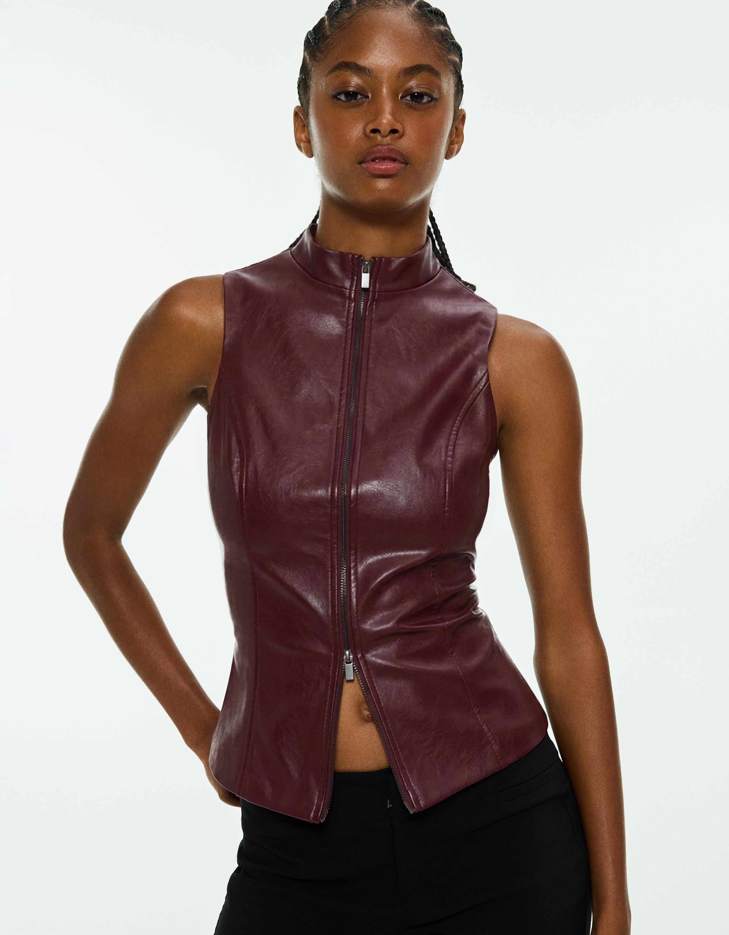 Leather-effect sleeveless high-neck top — Burgundy