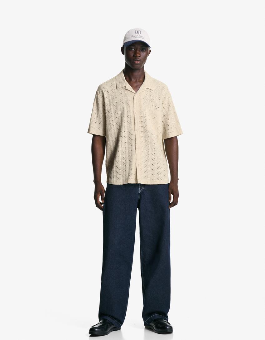 Embroidered short sleeve shirt-Sand