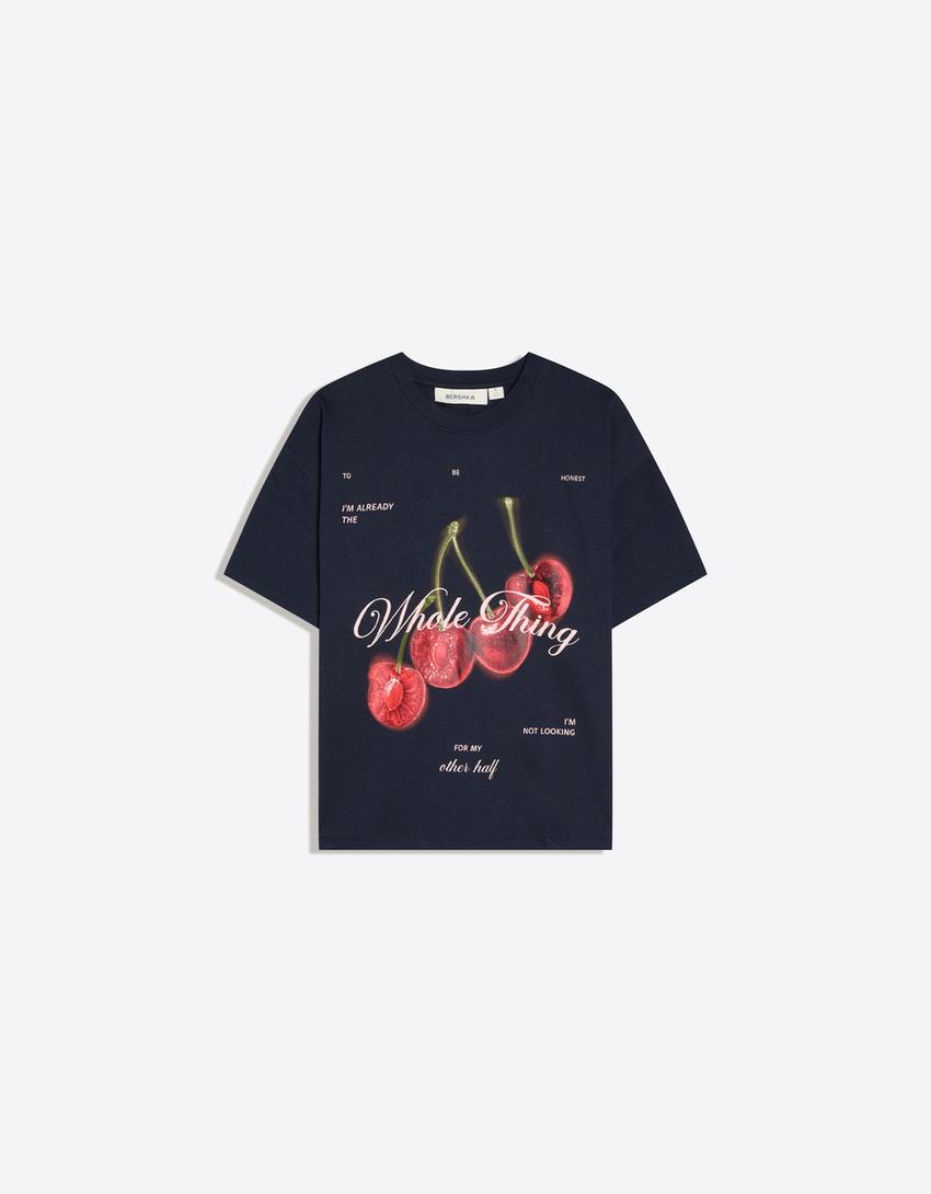 טי שירט עם הדפס ושרוול קצר-כחול נייבי