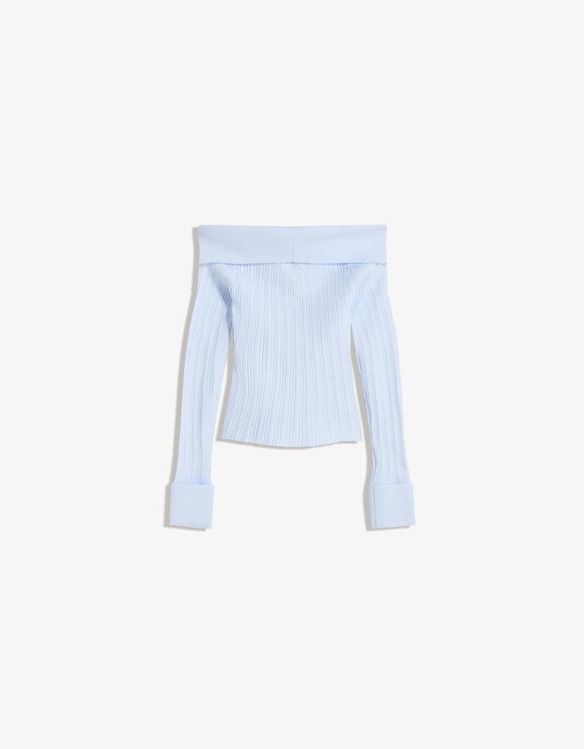 Pull texture col Bardot-Bleu clair