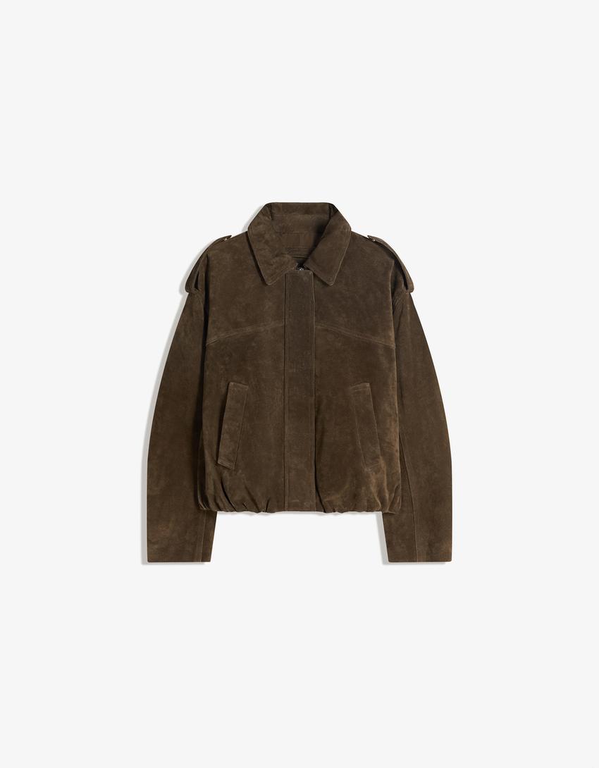 Leather and suede jacket-Khaki