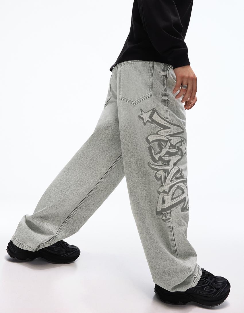 Jeans super baggy fit remendos-Cinza