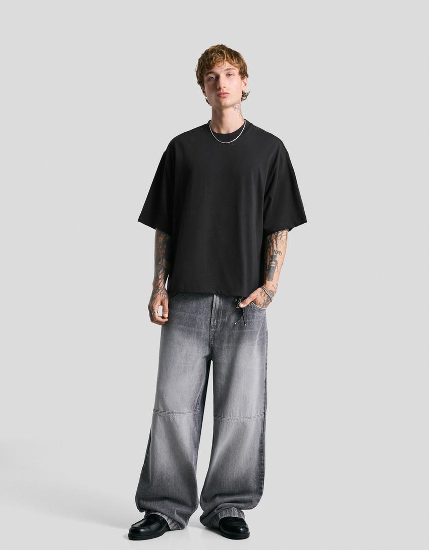 Camiseta manga corta felpa-Negro