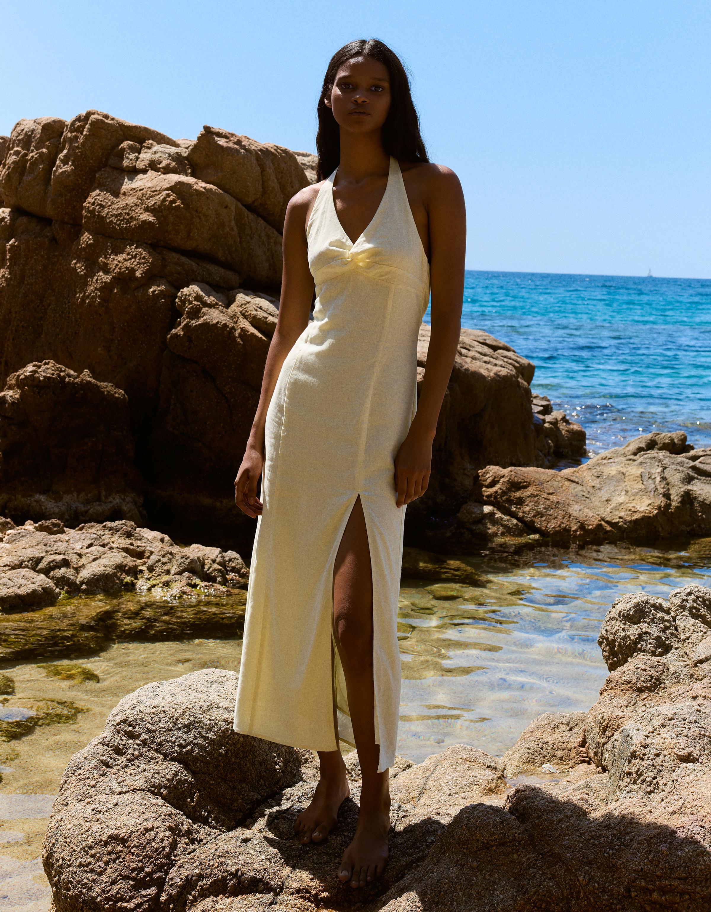 Bershka Vestido Midi Halter Con Lino Mujer Amarillo