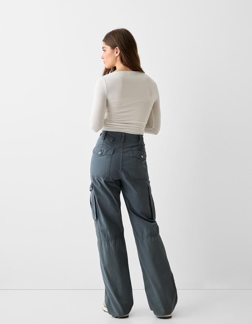 Pantalons de butxaques straight ajustable-Blau-2