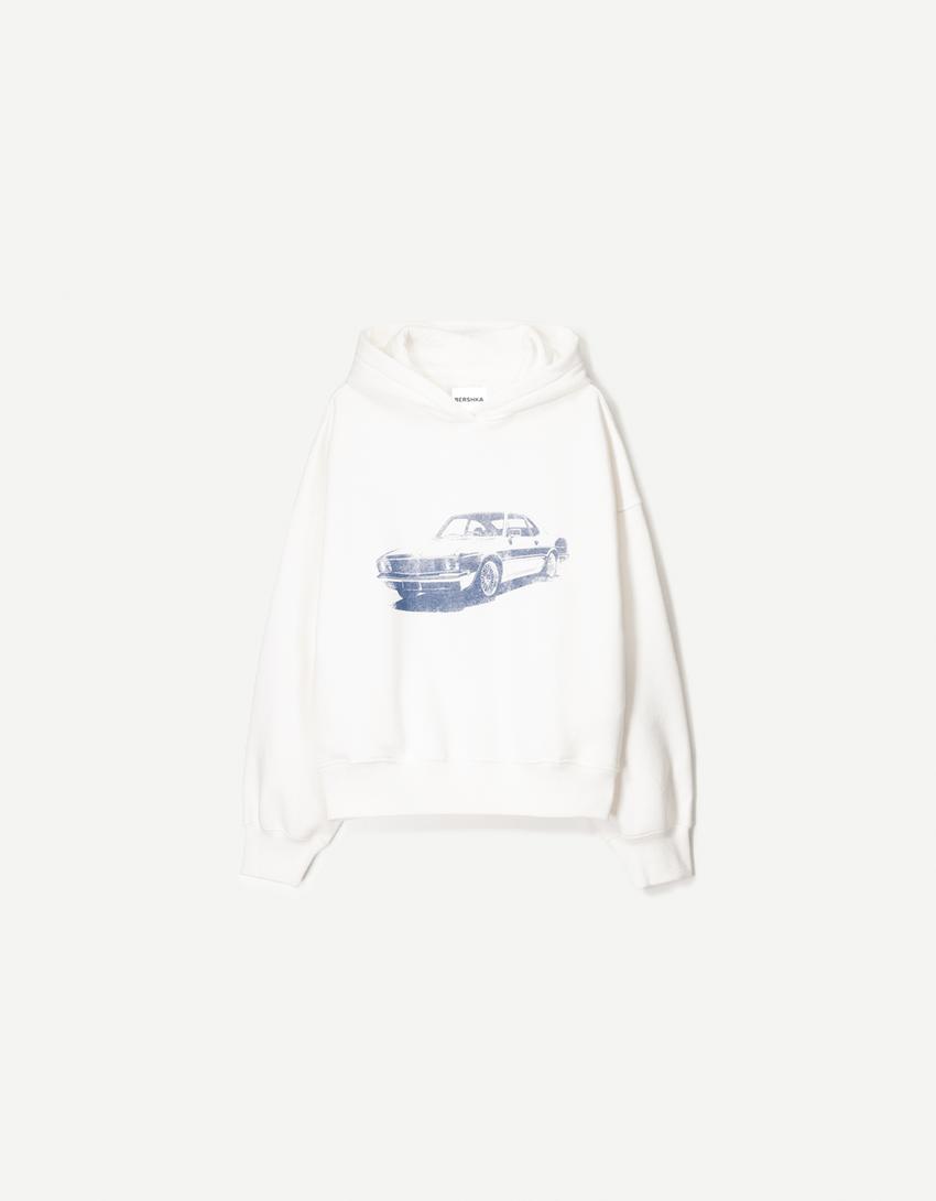 Desenli kapüşonlu sweatshirt-Krem-3