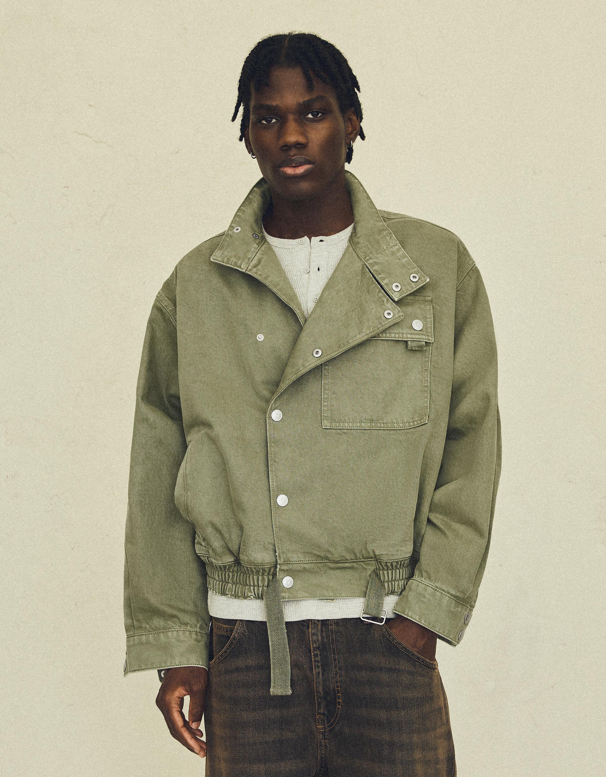 Double-breasted funnel neck jacket with pocket — Green