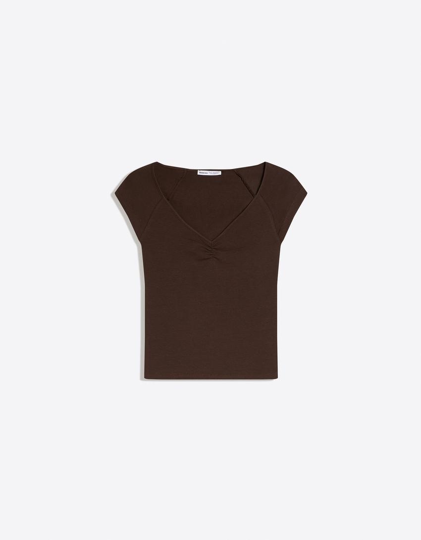Camiseta manga corta fruncido-Marrón