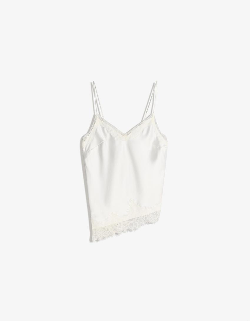 Asymmetric sateen strappy top-Cream