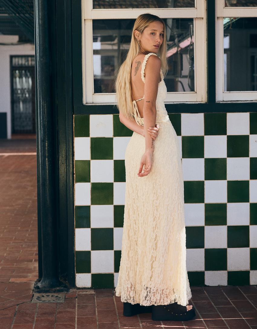 Vestido midi encaje-Crudo