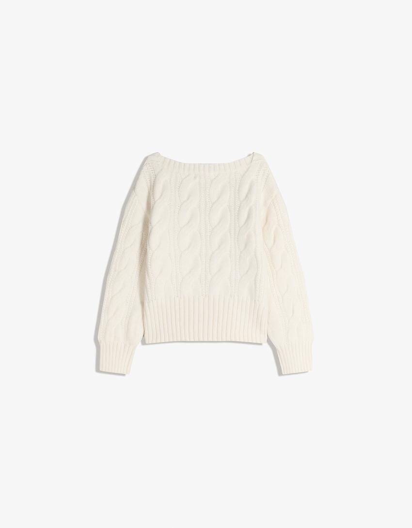 Maglione scollo a barchetta intrecciato-Avorio