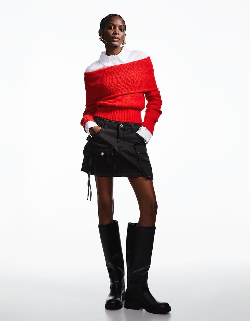 تنورة قصيرة تويل متعددة الجيوب-أسود-3