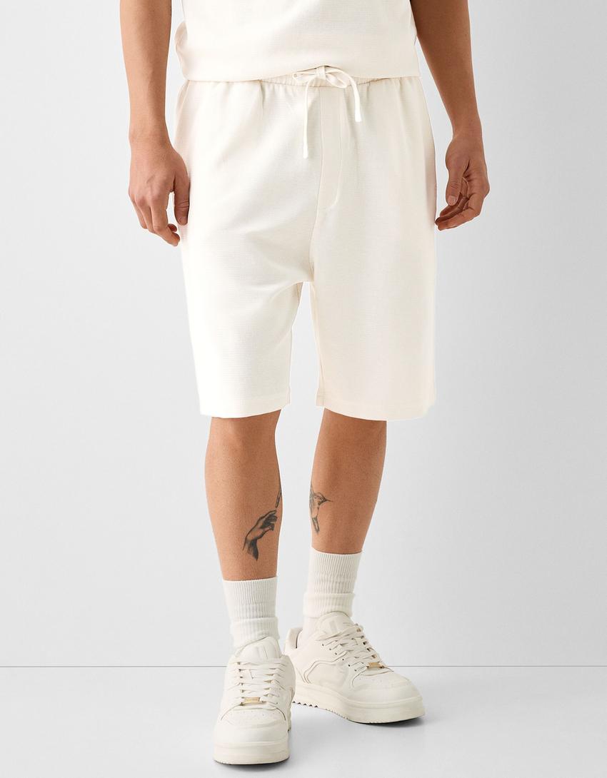 Bermuda relaxed fit molleton texturé-Blanc cassé-2