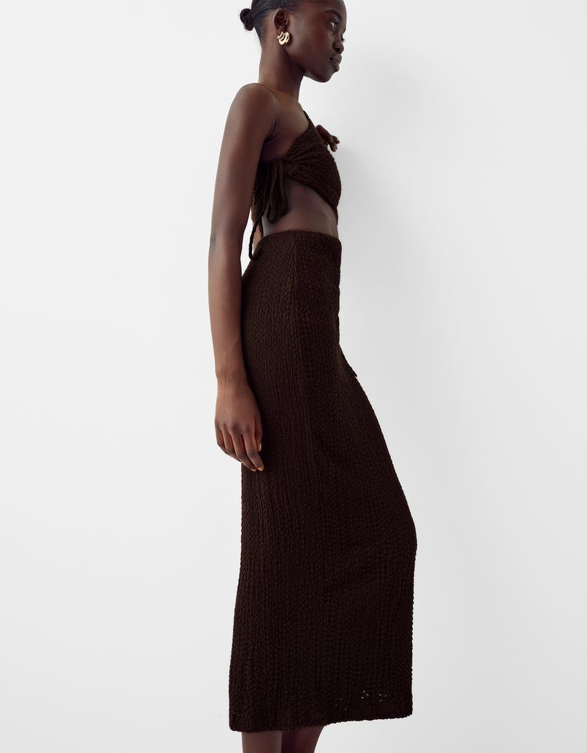Asymmetric rustic midi dress-Brown