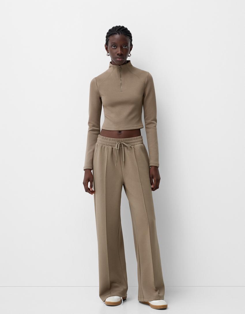 Soft touch wide-leg trousers-Sand