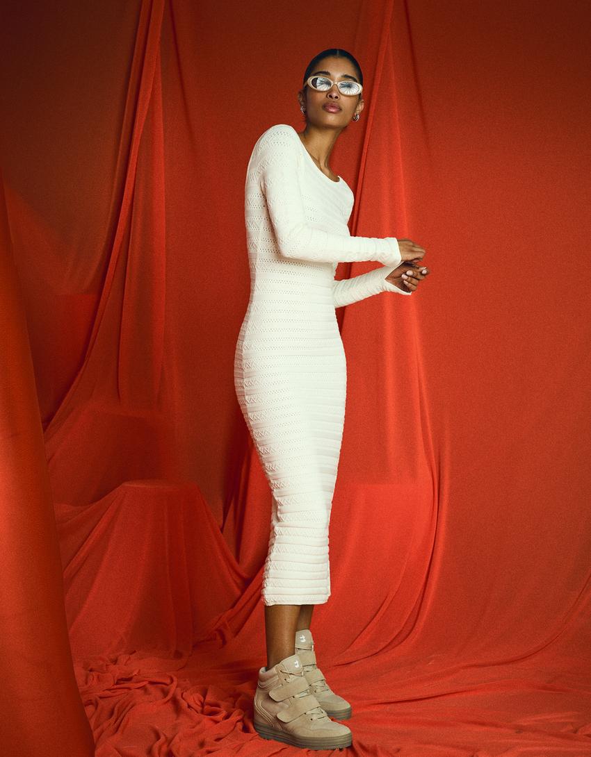 Textured midi dress-Cream
