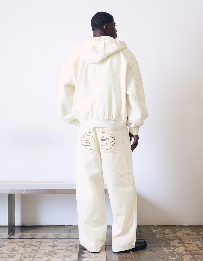 Embroidered neo barrel carpenter jeans-Cream