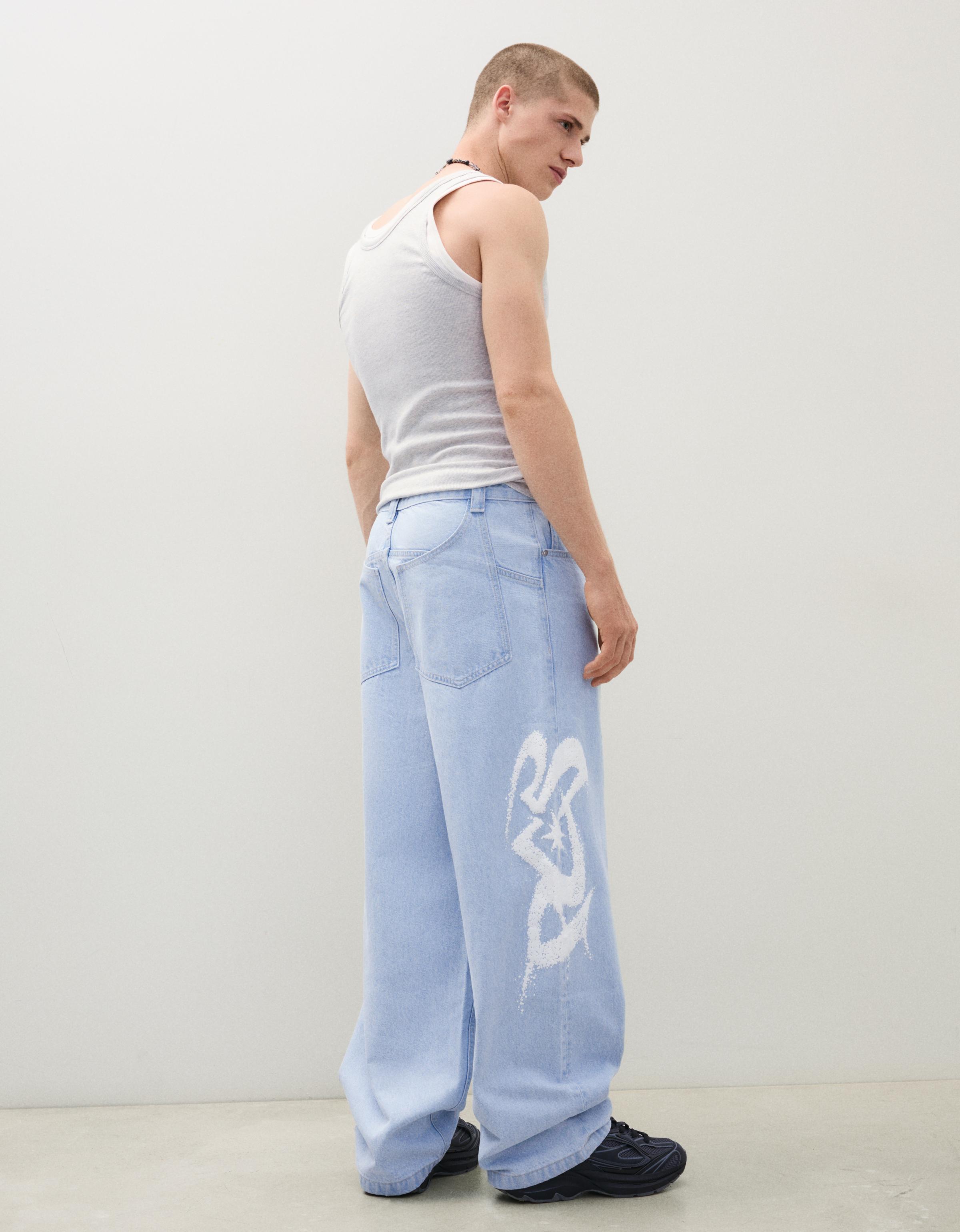 Super baggy jeans with side print — Light blue