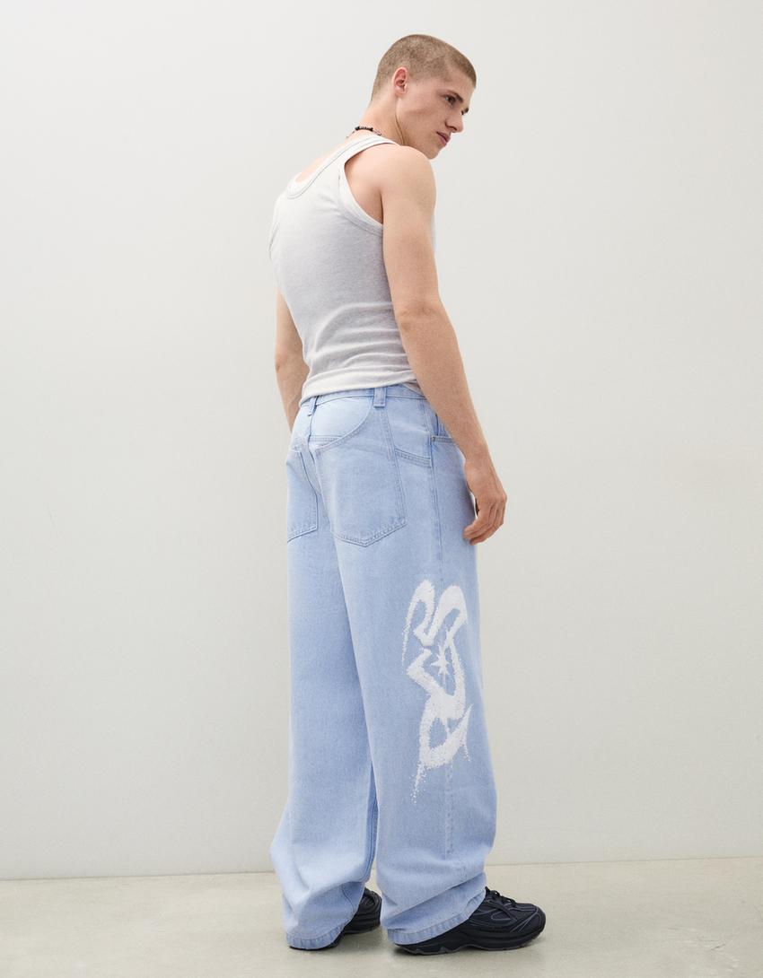 Jeans super baggy fit stampa laterale-Azzurro Chiaro