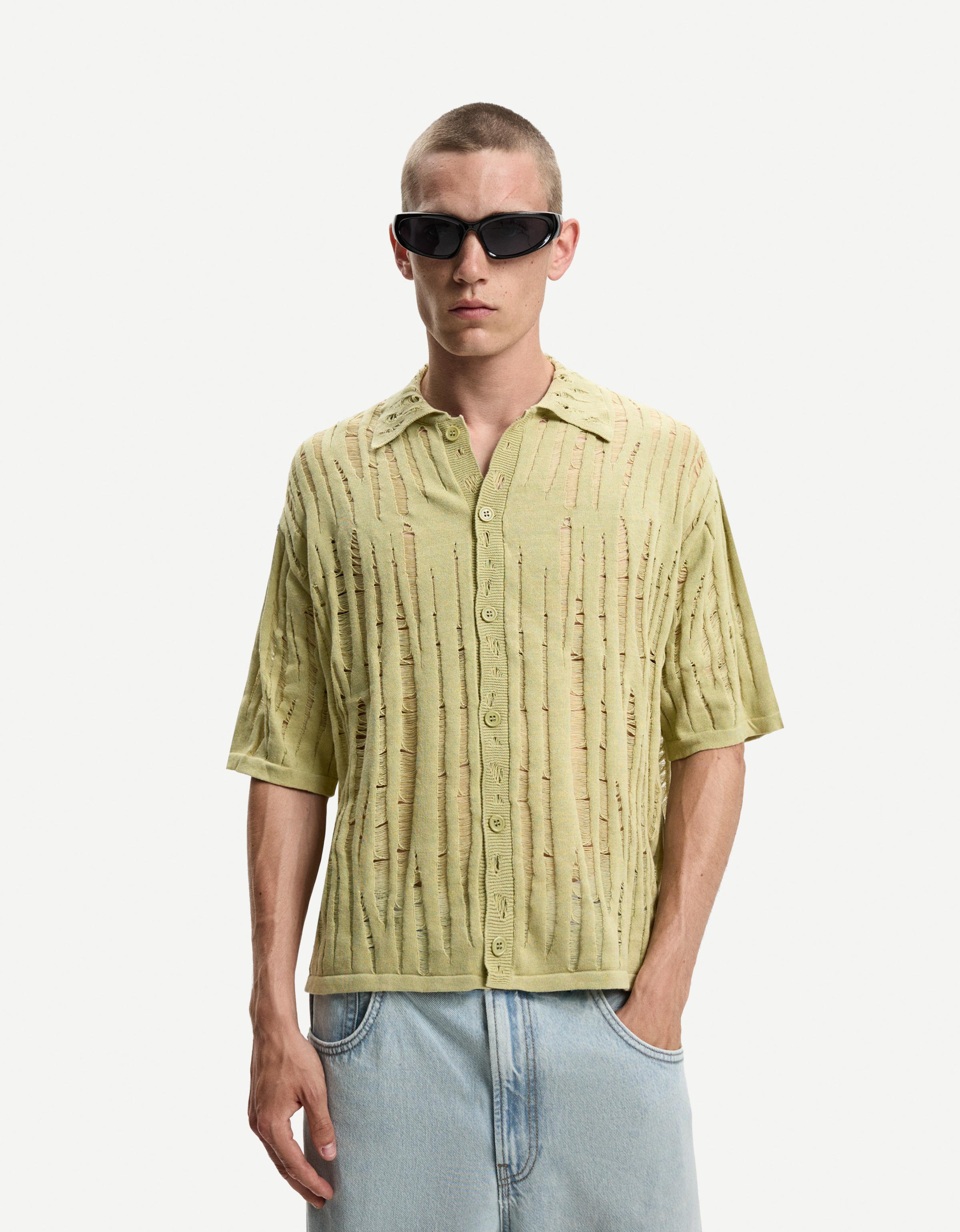 Bershka Hemd Mit Kurzen Ärmeln Und Rissen Herren L Grün
