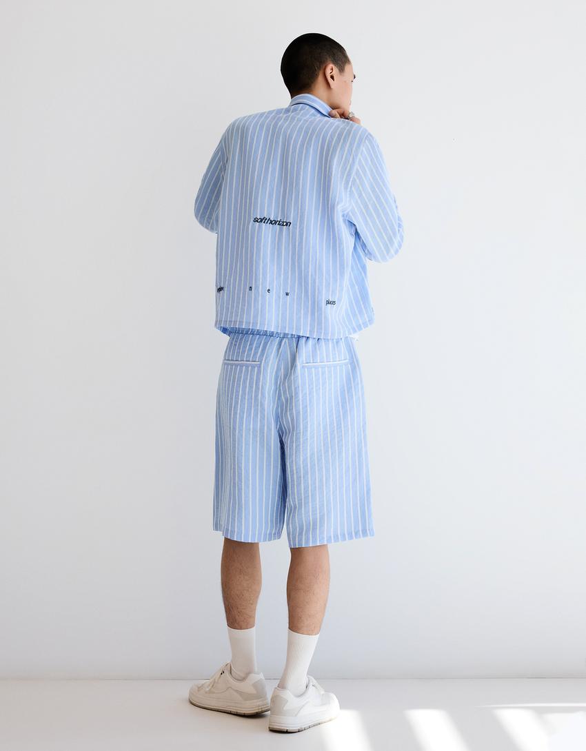 Super baggy striped Bermuda shorts-Light blue