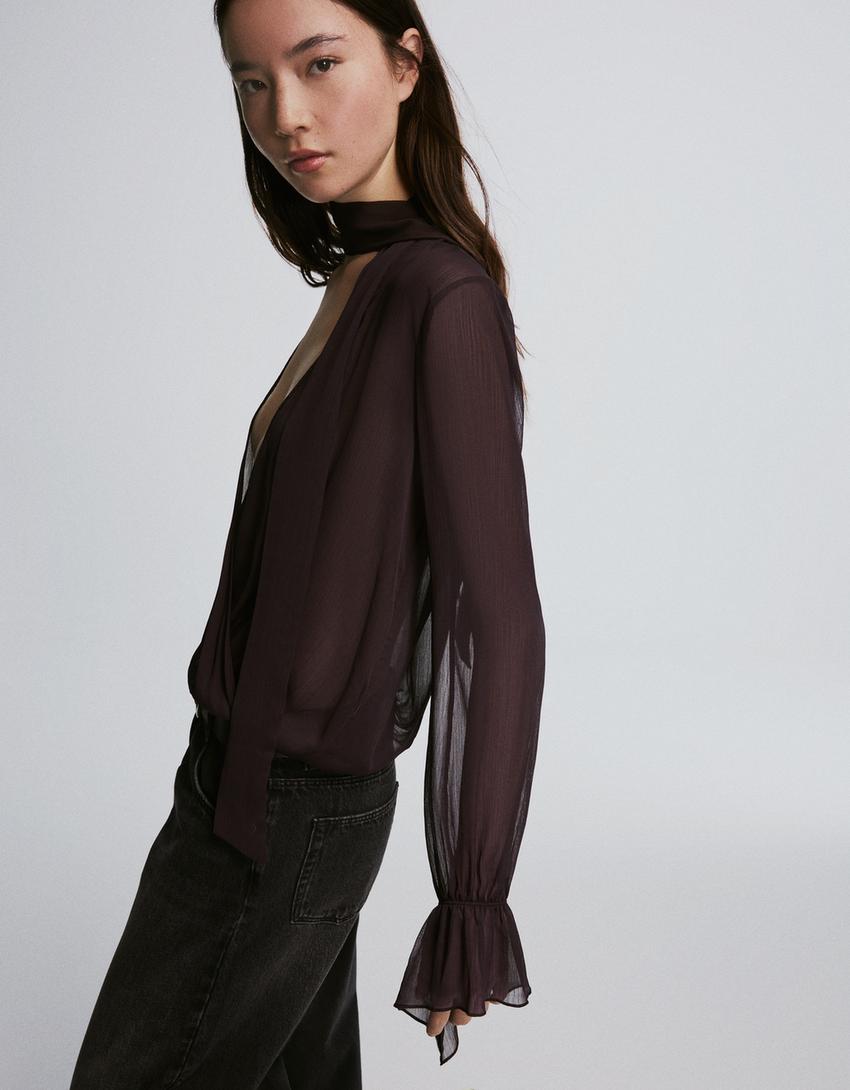 Long sleeve crossover scarf blouse-Brown