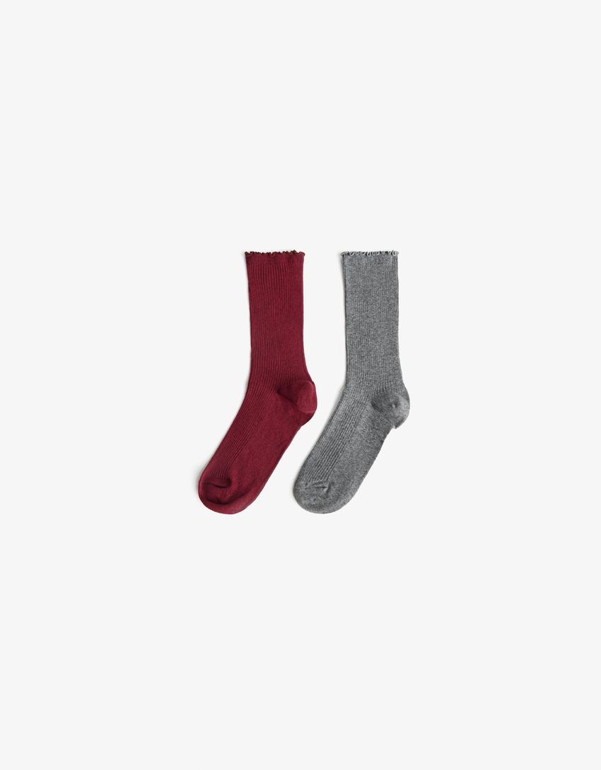 Pack of 2 lettuce-edge ribbed socks-Maroon-0