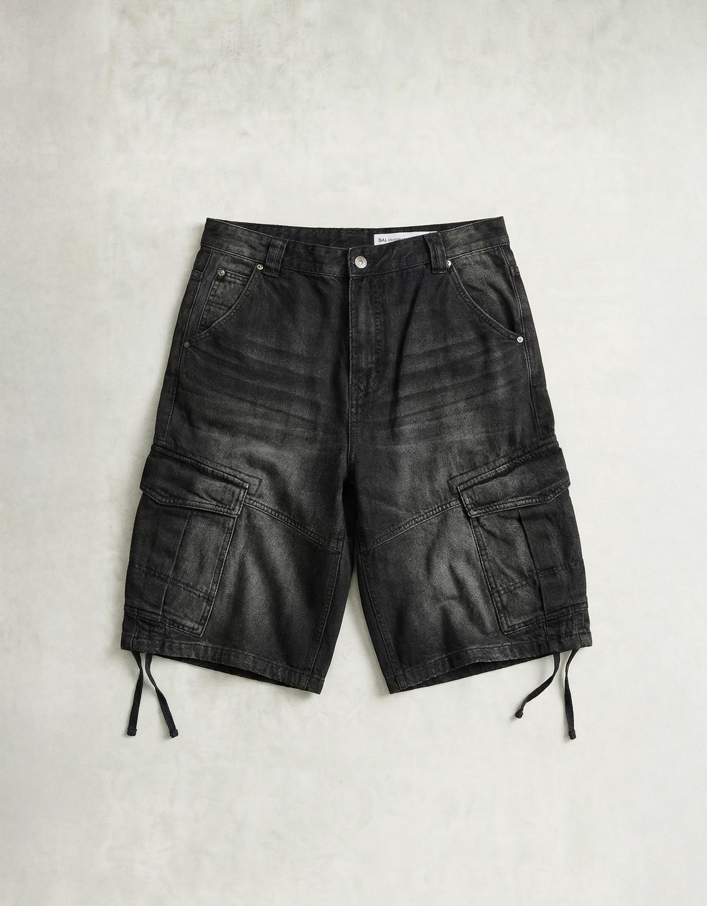 Denim cargo parachute Bermuda shorts — Black