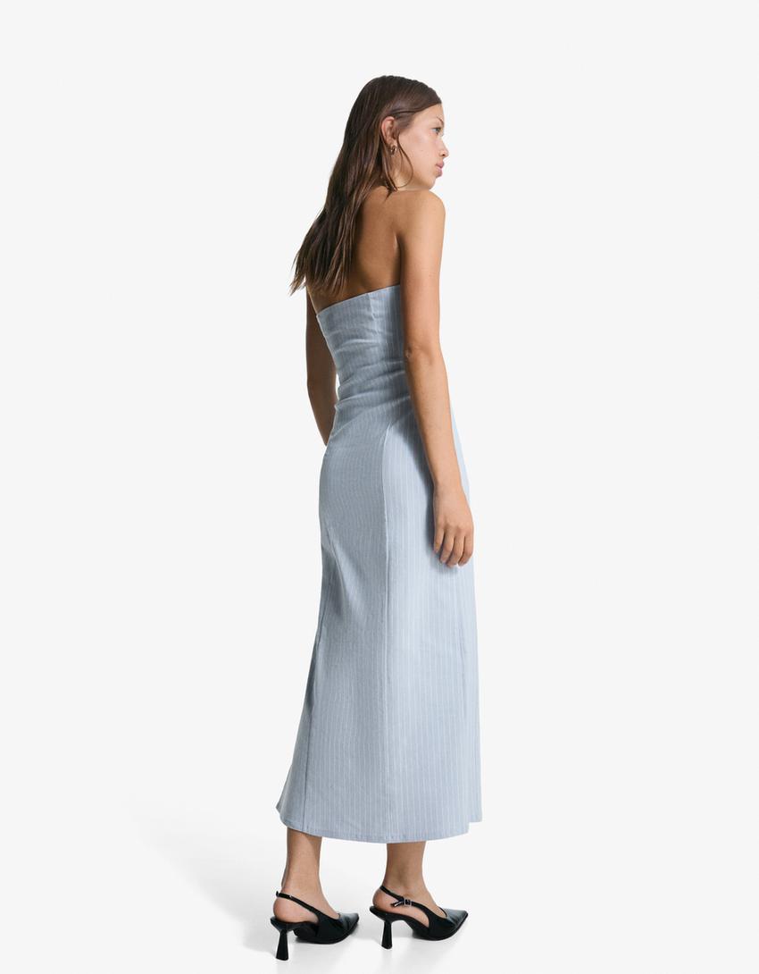Bandeau midi dress with belt-Light blue