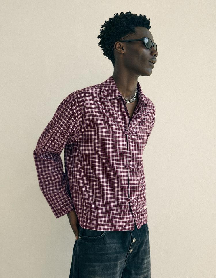 Checked long sleeve shirt with clasp — Maroon